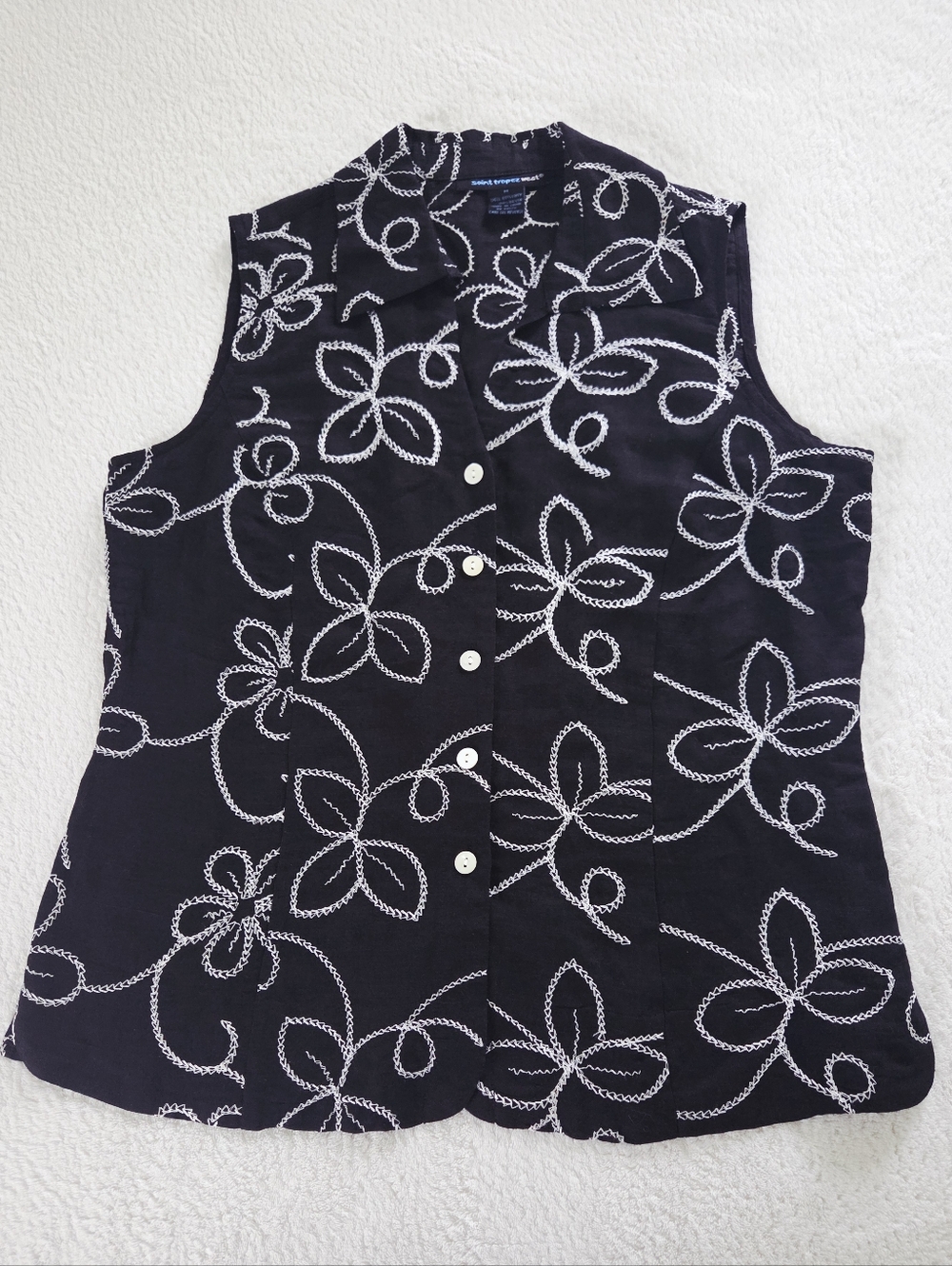 New! Saint Tropez West ✨️ Black Linen Sleeveless Button-Front Floral Top Size M